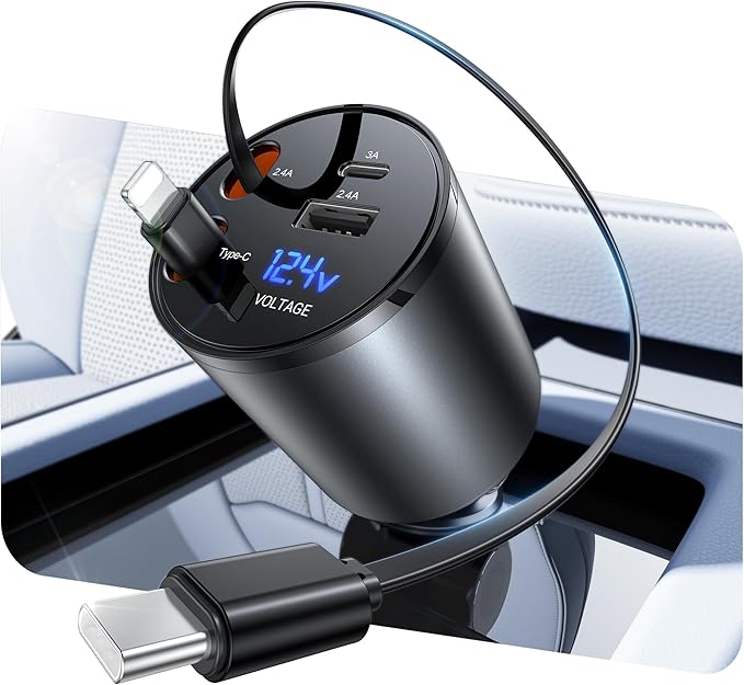 Retractable Car Charger, [2025 New] 4 in 1 Fast Car Phone Charger with Retractable Type C & L Cords, 120W USB Car Charging Adapter for iPhone 16 Pro Max 15 14 13 12, Samsung Galaxy, Pixel