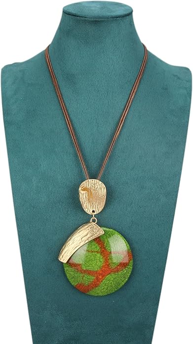 Boho Leather Necklace Women Bohemian Brown Circle Pendant Necklace Choker Long Necklaces for Women Boho Ring Large Pendant