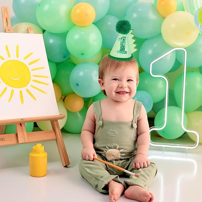 Green Glitter Dinosaur Birthday Cone Hat for 1-5 Years Old Kids Boys Dino Dinousour Birthday Hat Party Decoration