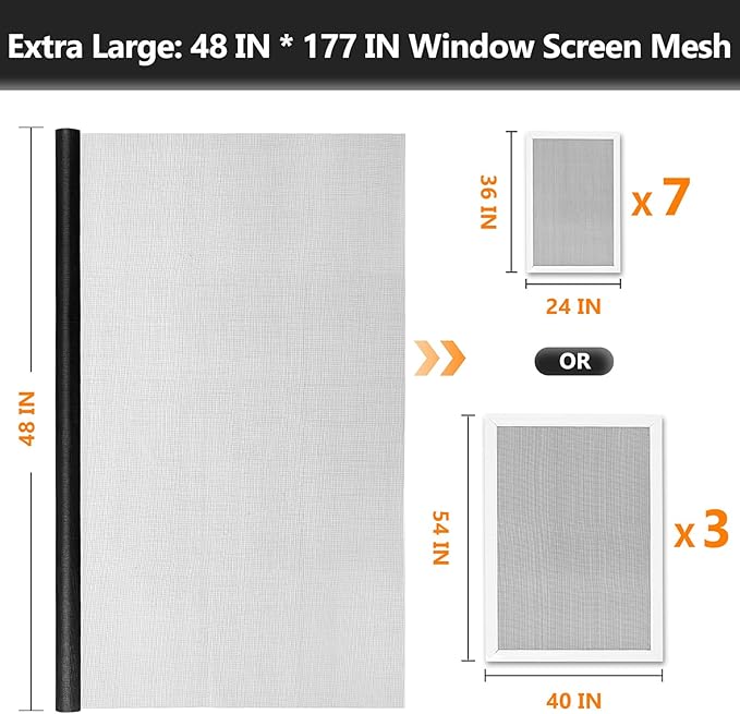 Window Screen Door Repair Kit, 48" x 177" Screen Door Mesh Replacement Kit, Durable Fiberglass Mesh Roll with Tools for Windows Doors Patio and Porch Replacement, Black