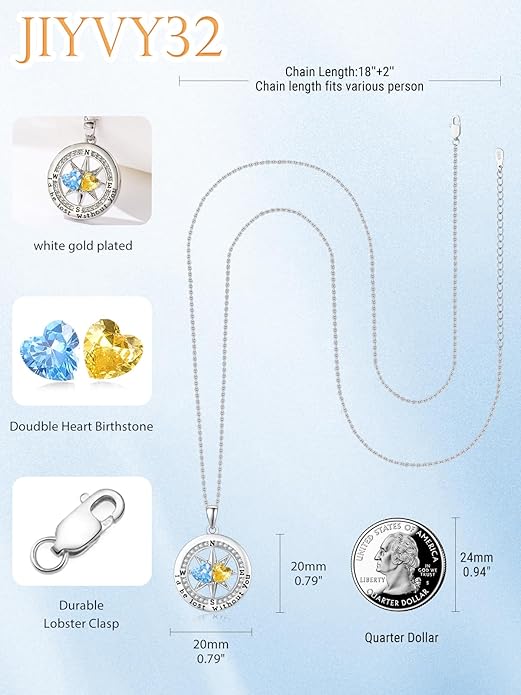 Compass Necklace for Women, Exquisite S925 Valentines Day Anniversary Birthday Gifts for Wife Her Double Birthstone Pendant Jewelry ‘I'd be Lost Without You’