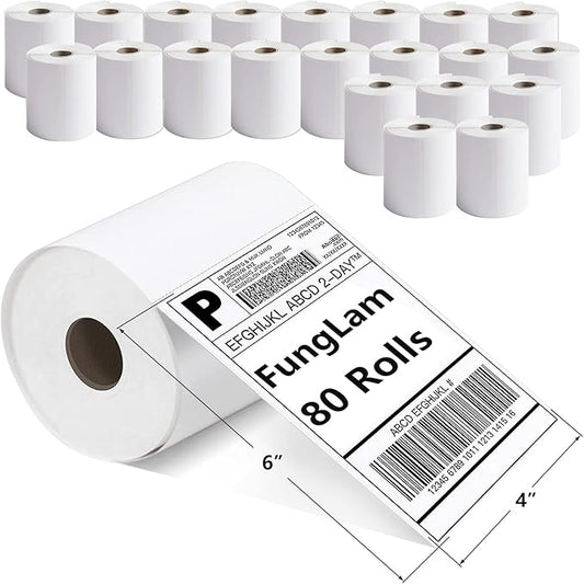 FungLam 80 Rolls 4x6 Direct Thermal Shipping Labels, 250 Labels Per Roll, 1" Core, Perforated, White Mailing Postage Shipping Label Compatible with Zebra 2844 ZP-450 ZP-500 ZP-505