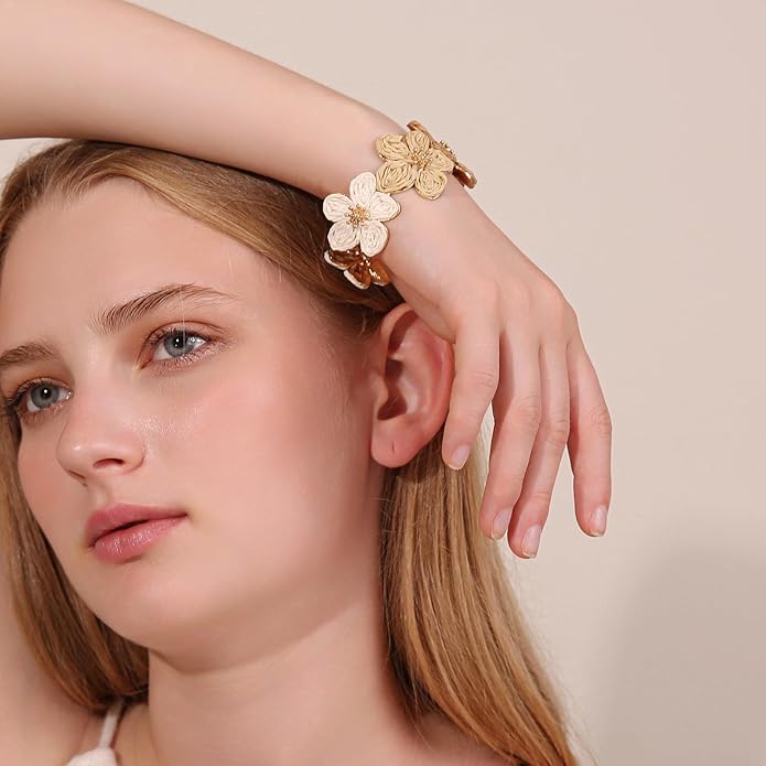 Raffia Flower Cuff Bracelet for Women, Floral Chunky Bangle Wide Open Cuff Statement Bracelet