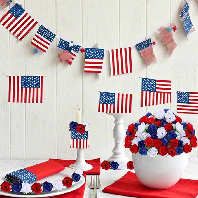 100pc Mini Patriotic Roses Head Bulk, 4th of July Artificial Small Rose Flower for Independence Day DIY Decor 1.3 Inch Red White and Blue Flower for Wedding Arrangement