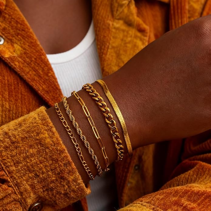 18K Gold Plated Bracelet Sets for Women Waterproof - Trendy Thin Dainty Stackable Cuban Link Paperclip Snake Twisted Chain Fashion Jewelry Accessories Gifts for Women