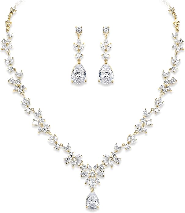 Crysdue Wedding Jewelry Set for Women, Floral Leaf Vine Teardrop Necklace Dangle Earrings Bracelet and Hair Comb, Cubic Zirconia Elegant Party Prom Jewellery for Bridal Bridesmaid