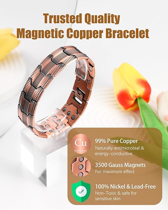 Copper Bracelet for Men, 3X Strength Magnetic Copper Bracelets for Men with 3500 Gauss Magnets, Adjustable Length with Sizing Tool