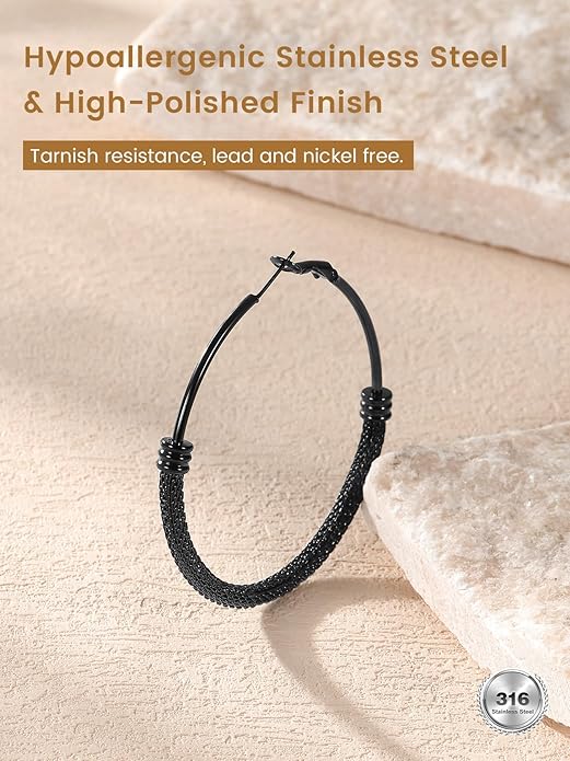 KeyStyle Mesh Hoop Earrings for Women, Stainless Steel Gold Hoops Earring Lightweight Loops, 2MM Thick Hypoallergenic Circle Endless Hollow Hoop 20mm-80mm