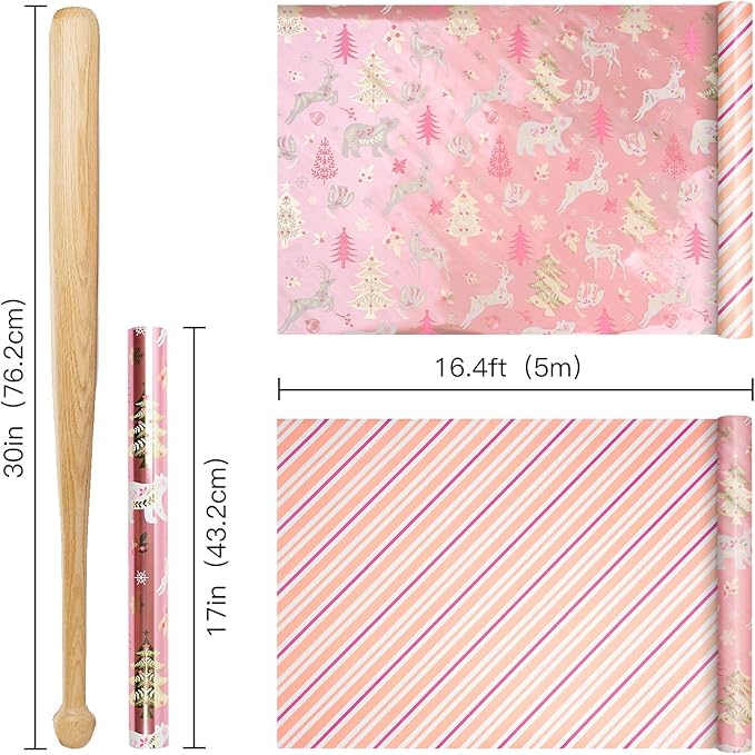 RUSPEPA Christmas Reversible Wrapping Paper Roll for Girls, Mini Roll, Rose Gold Foil Reindeer, Polar Bear, Tree, Floral Design, Pink White Stripes Gift Wrap for Holiday Gifts, 17 Inches x 32.8 Feet