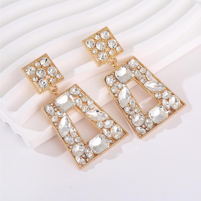 Rhinestone Rectangle Statement Earrings Colorful Crystal Geometric Drop Dangle Earrings for Women Prom Party