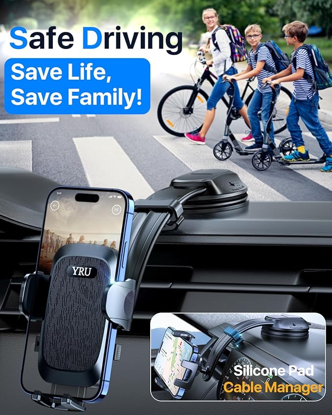 YRU [2025 Ultimate Car Phone Holder Mount [Bendable & Adjustable Aluminum Arm] Cell Phone Holder for Car Dashboard Windshield Phone Stand for iPhone 16 15 14 13 Pro Max Samsung Pickup Truck, Black