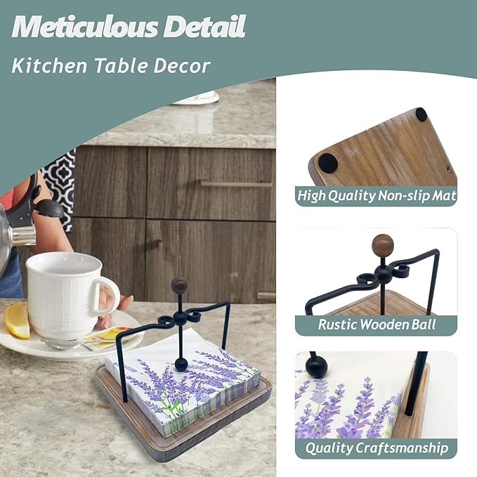 Rustic Wooden Napkin Holder for Table, Farmhouse Kitchen Table Decor, Flat Napkin Holder with Weighted Arm and Handle for Home, Kitchen, Restaurant, Hotel, Cafe, Bar