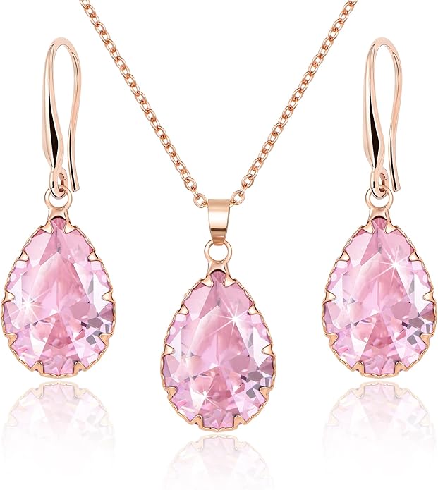 Linawe Crystal Jewelry Sets for Women, Imitation Diamond Pendant Necklace, Rhinestone Drop Dangle Earrings, Birthstone Cubic Zirconia Matching Wedding Jewelry, 14K Gold/Rose Gold/Silver Tones