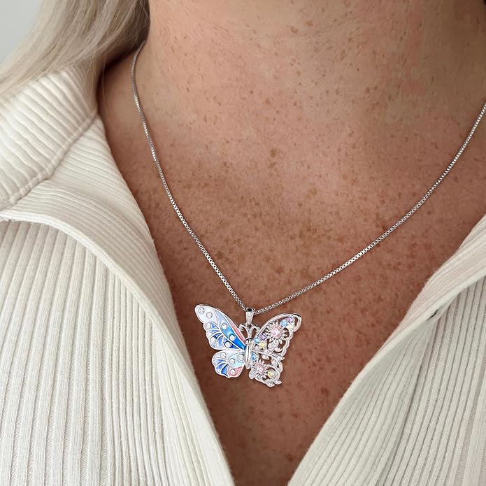 Aurora Tears 925 Sterling Silver Butterfly Flower Pendant Necklace - Colorful Enamel Zircon Adjustable Chain Jewelry Gift for Women Her