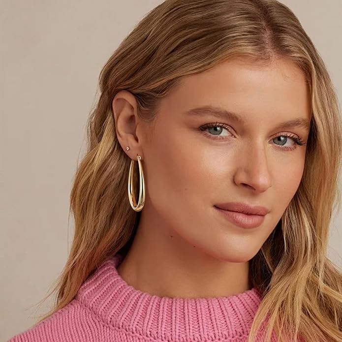 Gacimy Chunky Hoop Earrings for Women, 14K Gold Plated Oval Hoop Earrings with 925 Sterling Silver Post