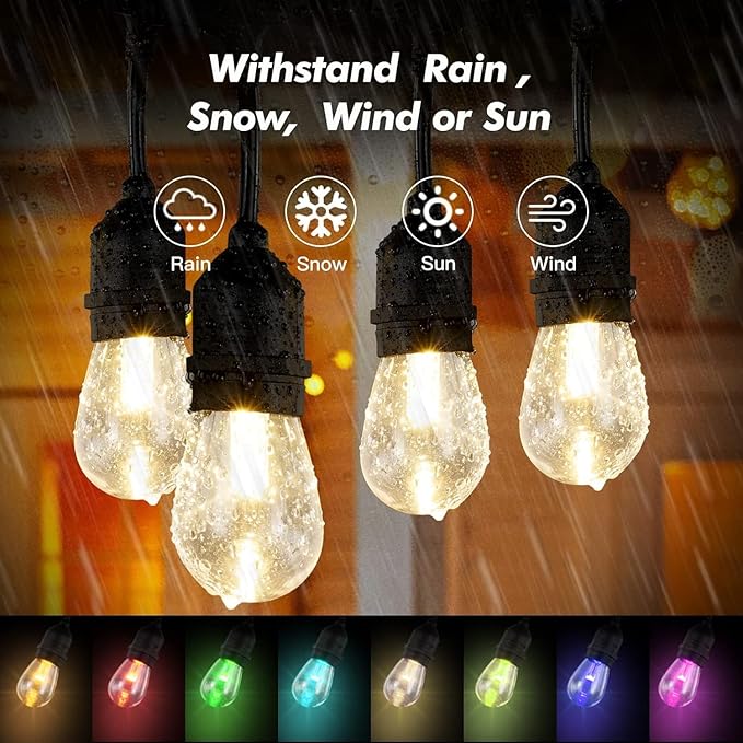 Auroraworld 24FT RGB Outdoor String Lights, Dimmable Color Changing Waterproof LED Patio Lights with Remote, 12 Shatterproof Bulbs for Garden Party Decor