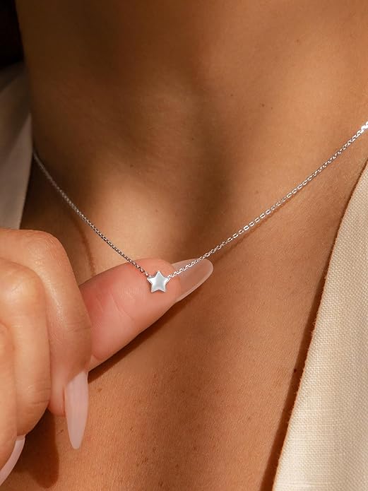 ChicSilver Personalized 925 Sterling Silver Dainty Small Heart/Star/Moon/Dot/Triangle Pendant Necklace for Women, Silver/Gold/Rose Gold/Black (with Gift Box)