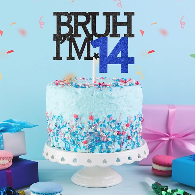 Bruh I'm 14 Cake Topper, Happy 14th Birthday Decorations for Boy, Funny 14th Birthday Cake Topper Birthday Party Decoration Supplies