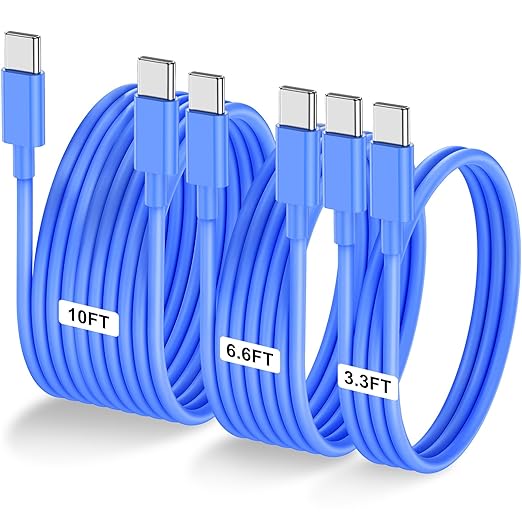 3-Pack Blue [3.3FT+6.6FT+10FT] 60W USB C to USB C Cable, Type C Fast Charging Cable for iPhone 16 15 Pro Plus Pro Max，for Galaxy S24 S23, for iPad Pro/Air, for MacBook Pro/Air and More
