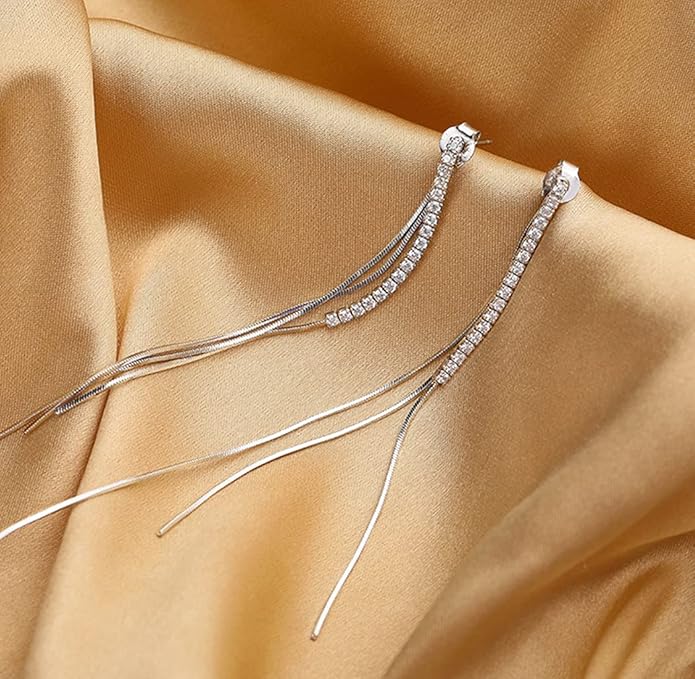 SLUYNZ 925 Sterling Silver CZ Dangle Earrings Chain for Women Teens Long Dangle Earrings Tassel with Snake Chain Backs