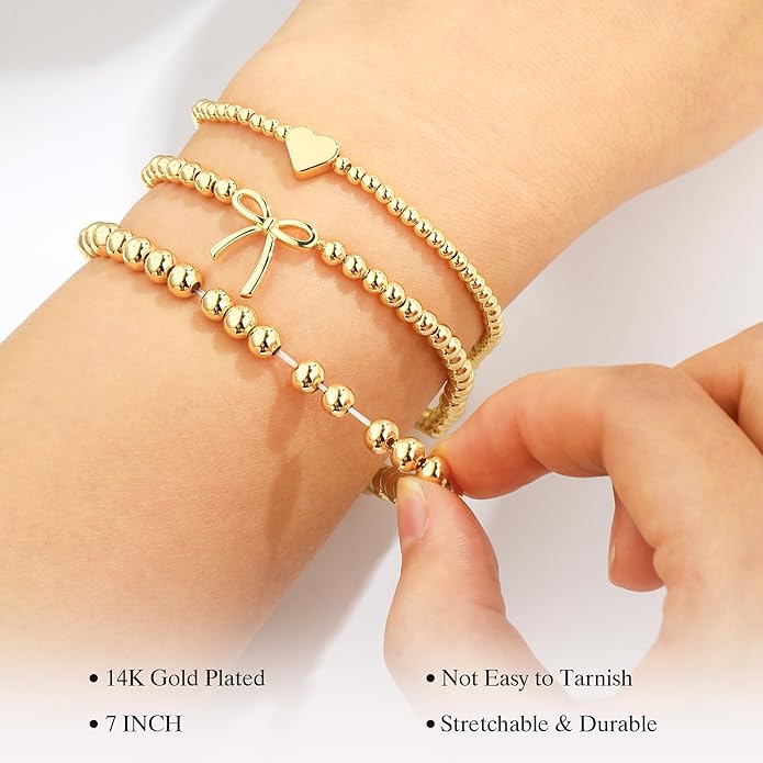 Turandoss Gold Bracelets for Women - Dainty 14K Gold Plated Bow Cross Beaded Bracelets for Women Stackable Heart Bead Bracelet Set Wave CZ Round Ball Bracelet Valentine's Day Gifts for Her