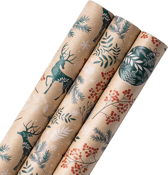 RUSPEPA Christmas Kraft Wrapping Paper Roll - Mini Roll - 17 inches x 10 feet per Roll, Total of 3 Rolls - Berry Leaves and Reindeer