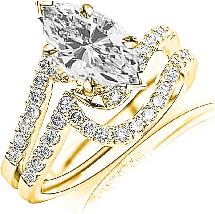 14K White Gold 2.25 Carat LAB GROWN DIAMOND Curving Pave & Prong-set Round Marquise Cut Diamond Engagement Ring and Wedding Band Set (E-F Color VS2-SI1 Clarity 1.5 Ct Center)