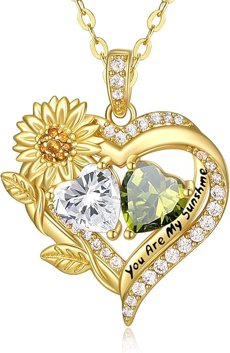 Sunflower Heart Necklace for Women 14K Gold Exquisite Valentines Day Anniversary Birthday Gifts for Wife Mother Her Double Birthstone Pendant Jewelry‘You Are My Sunshine’