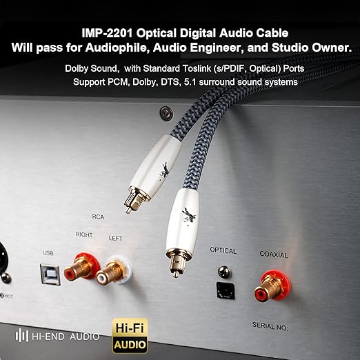 Digital Fiber Optic Audio Cable for Sound Bar Toslink Cord Male to Male 24K Gold Plated Connector Optical Audio Cable 6ft 10ft S/PDIF Glass Core, 9.84feet/3M IMP-2201