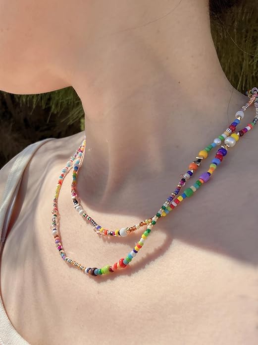 Handmade Bohemian Beaded Necklace for Women - Adjustable Layered Choker with Freshwater Pearls, Multicolor Glass Beads & 14K Gold Plated Stainless Steel, Summer Vacation Jewelry Gift