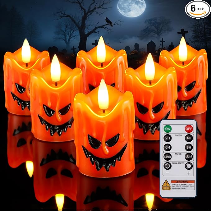Homemory Orange Remote Control Flameless Candles, 400+Hour Real Wax Battery Operated LED Votive Candles, for Halloween Decorations, Theme Party, Wedding Table Decor, Thanksgiving Day Decor