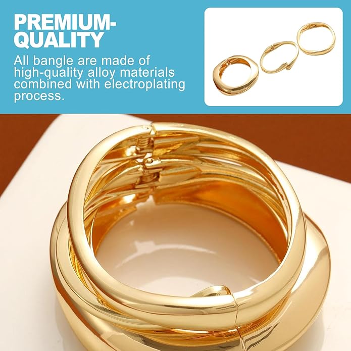 CoguZed 3-Piece 14K Gold Plated Chunky Bracelet Set - Stackable Cuff Bangles, Trendy Statement Jewelry for Women