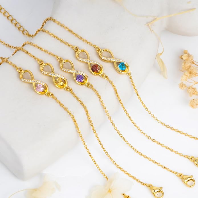 Jewelry Sets for Women-18K Gold Plated Dainty Birthstone Pendant,Trendy Necklace Earrings Infinity Bracelets Set,Ideal Jewelry Gifts for Her Mom