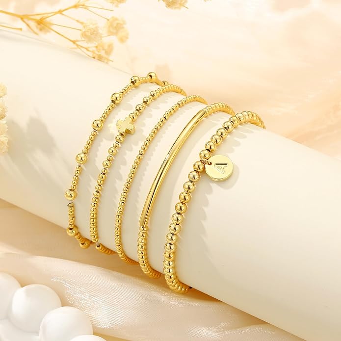 Turandoss Gold Cross Bead Bracelets Sets for Women Girls Valentines Day Gifts - Dainty Layered Cross Bracelets Beaded Initial Bracelet Stack Gold Letter A-Z Bracelet Valentines Day Gifts for Her