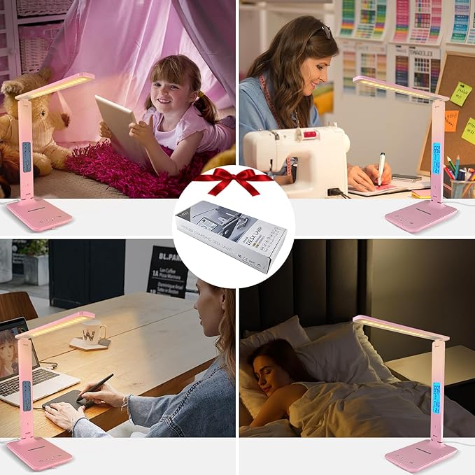 Desk Lamp with Wireless Charger，USB Charging Port, Dimmable Office Desk Light with Clock, Alarm, Date, Temperature, Foldable Lamp for Table Bedroom Bedside Office (Pink, Standard Size-13.3 inch)