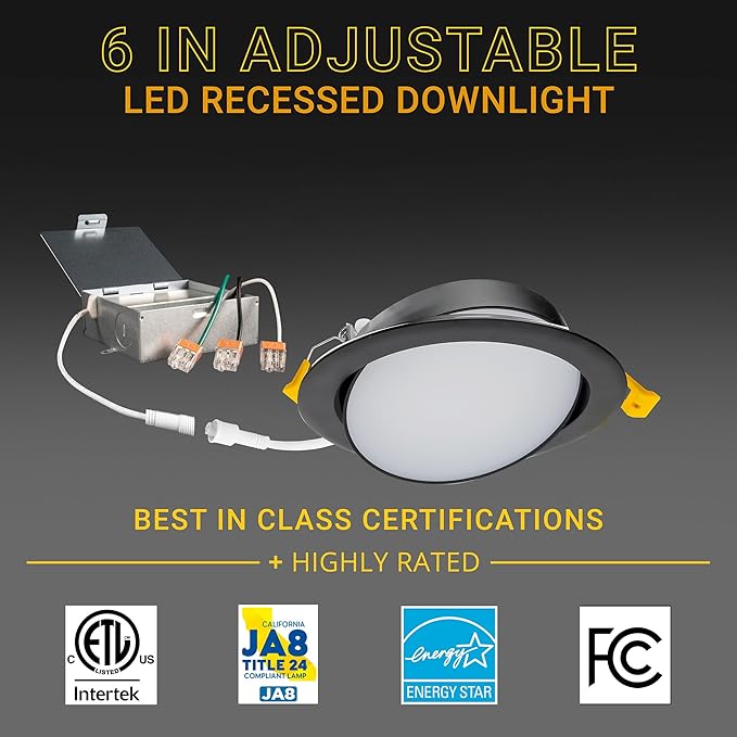 NUWATT 6 Inch Black Gimbal LED Recessed Lighting Canless Wafer Lights, 5CCT 2700K/3000K/3500K/4000K/5000K, Dimmable, 1050LM, 12W, Downlight Adjustable Recessed Swivel LED Sloped Ceiling Light, 6 Pack