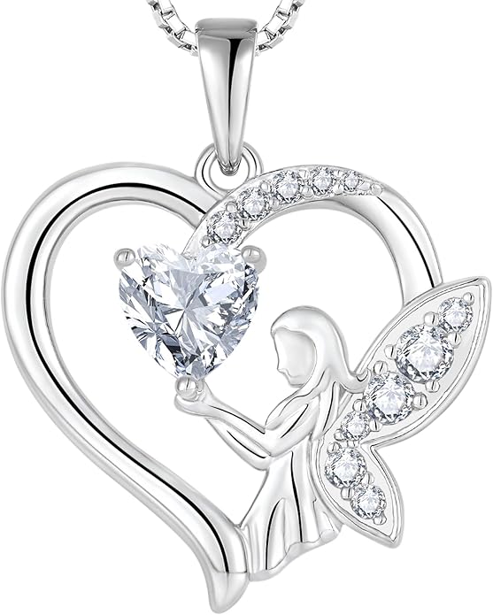 Guardian Angel Necklace 925 Sterling Silver Heart Angel Wings Pendant Birthstone Jewelry for Women