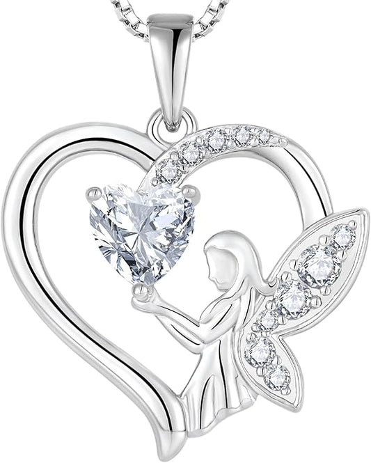 Guardian Angel Necklace 925 Sterling Silver Heart Angel Wings Pendant Birthstone Jewelry for Women