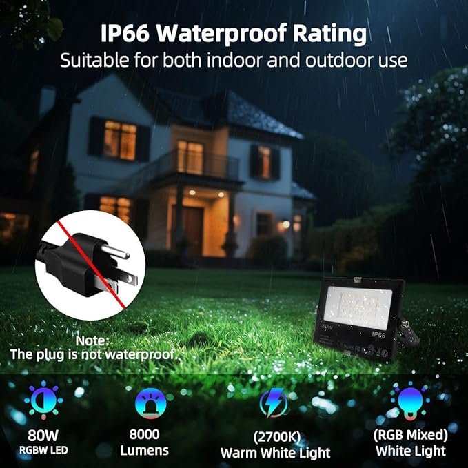 ILC LED Flood Light 80W, 8000LM, Outdoor RGB Color Changing, Smart Floodlights RGBW 2700K Warm White & 16 Million Colors, 20 Modes, Grouping, Timing, IP66 Waterproof (2 Pack)