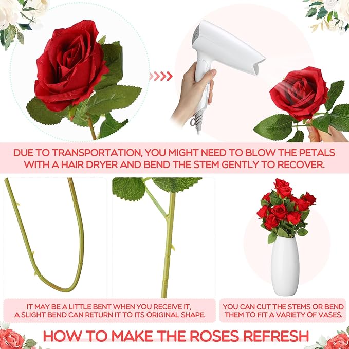 Hotop 80 Pcs Rose Artificial Flowers Bulk with Long Stem, Silk Roses Realistic Fake Flowers Bouquet for Wedding Table Centerpieces Bridal Shower Party Home Decorations(Red)
