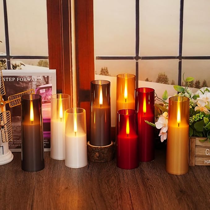 Flickering Flameless Candles 7Pcs Upgraded Realistic Dancing Flame Battery Operated Candles,LED Candles with Remote and Timers,Acrylic Electric Pillar Candles for Festivals Decor(Gold)