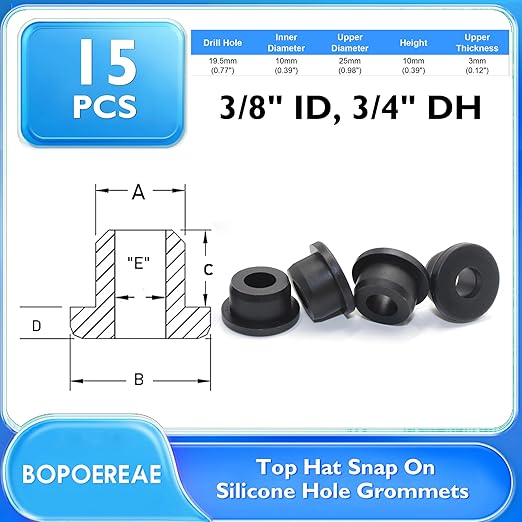 15 Pcs 3/4" Drill Hole, 3/8" ID Silicone Rubber Grommets for Wiring, Automotive Firewall Hole Plug, Top Hat Metal Wall Drywall Grommets for Vinyl Tubing in Hydroponic Irrigation Systems