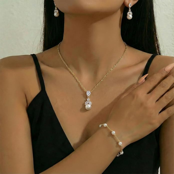 Hadskiss Wedding Jewelry Sets for Women/Brides/Bridesmaids, Cubic Zirconia Pearl Necklace Earrings Bracelet Set 18K Gold Plated Hypoallergenic Jewelry for Wedding Prom Party