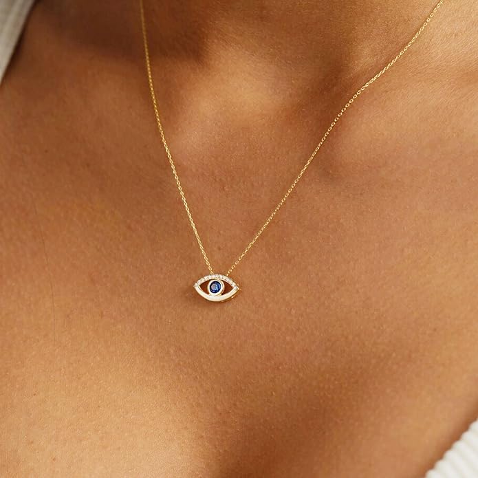 Evil Eye Necklace for Women 14K Gold Plated Delicate Necklaces Blue White CZ Diamond Pendant Necklace Cute Boho Tiny Evil Eye Lucky Protection Jewelry Gift for Women