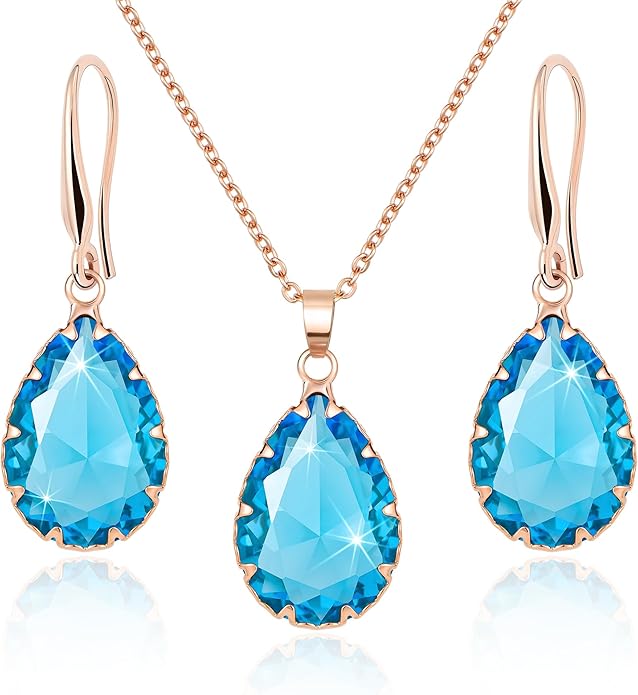 Linawe Crystal Jewelry Sets for Women, Imitation Diamond Pendant Necklace, Rhinestone Drop Dangle Earrings, Birthstone Cubic Zirconia Matching Wedding Jewelry, 14K Gold/Rose Gold/Silver Tones