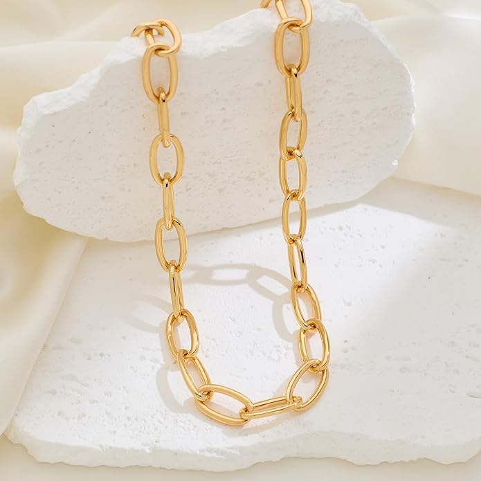 Chunky Necklace for Women 18K Gold Plated Statement Adjustable Thick Link Chains Paperclip Chain Choker Trendy Fashion Jewelry Gifts