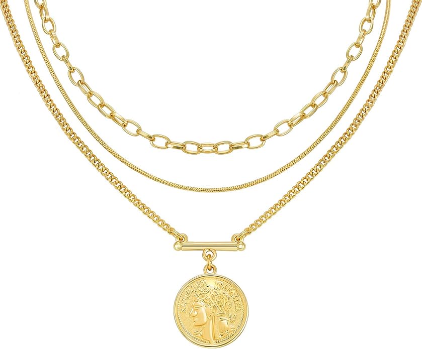 LANE WOODS Gold Plated Necklaces for Women - Multilayer Coin Medallion Pendant Necklace Adjustable Layering Choker Necklaces Chain Set Jewelry