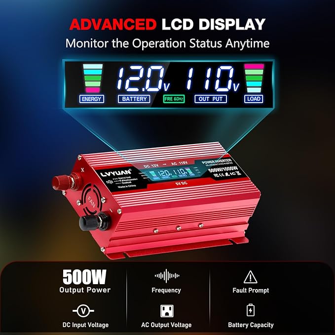 LVYUAN 500W Car Power Inverter 12V to 110V DC to AC with 2 US Sockets, Cigarette Lighter, LCD Display, USB Ports for Car, Home,Outdoor, Camping