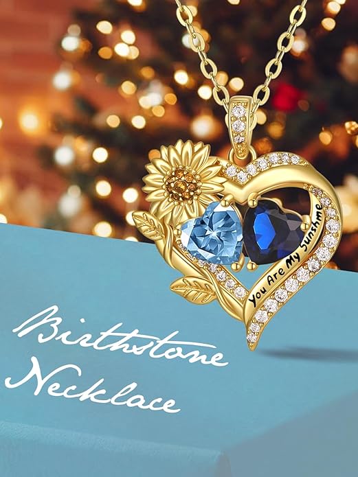 Sunflower Heart Necklace for Women 14K Gold Exquisite Valentines Day Anniversary Birthday Gifts for Wife Mother Her Double Birthstone Pendant Jewelry‘You Are My Sunshine’