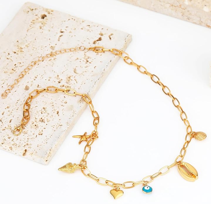 MISS RIGHT Dainty Gold Evil Eye Hamsa Hand Coin Lucky Charm Pendant Necklace for Women Trendy Vintage Paperclip Chain Sun Moon Clover Flower Chunky Charm Necklace Jewelry Gifts